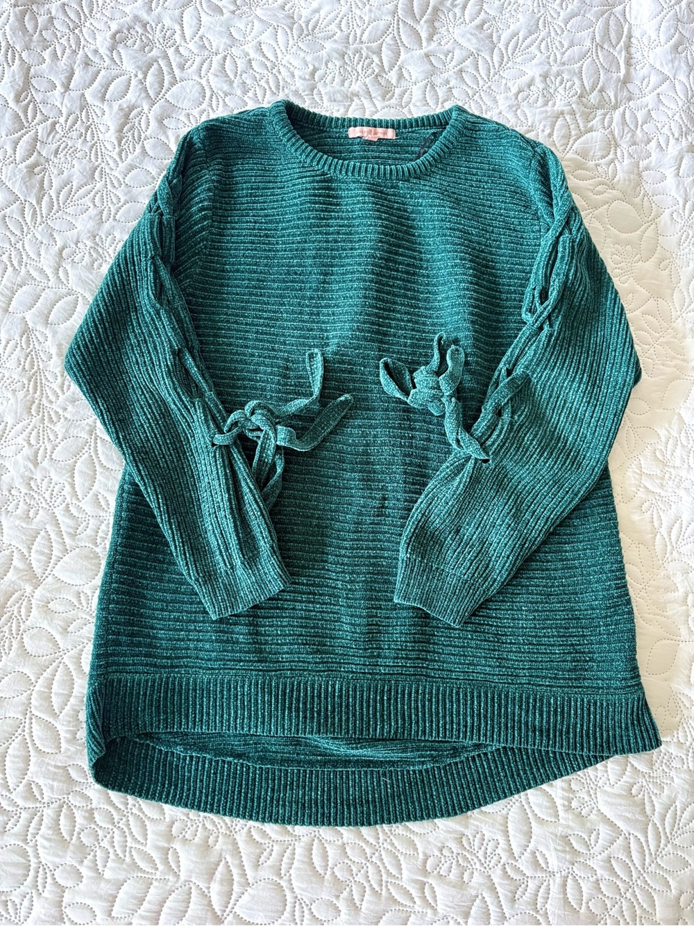 Gibson Latimer Emerald Green Ribbed Knit Lace-Up Sleeve Sweater Preppy XL